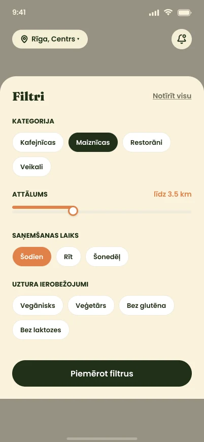 Filtri: kategorija, attālums, saņemšanas laiks un uztura ierobežojumi