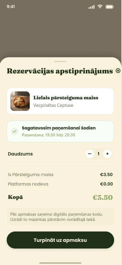 Rezervācijas apstiprinājums ar kopsummu un nulles platformas nodevu